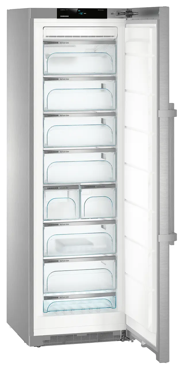 Product image, Perspective: oblique open empty, Freestanding freezer with NoFrost, Casing colour: stainless steel, Door colour: stainless steel