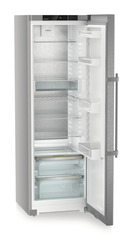 Product image, Perspective: oblique open empty, Freestanding fridge with EasyFresh, Casing colour: silver, Door colour: stainless steel