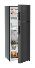 Product image, Perspective: oblique half-open decorated, Fridge-freezer with NoFrost, Casing colour: grey, Door colour: BlackSteel