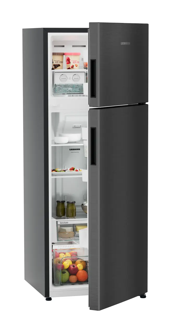 Product image, Perspective: oblique half-open decorated, Fridge-freezer with NoFrost, Casing colour: grey, Door colour: BlackSteel