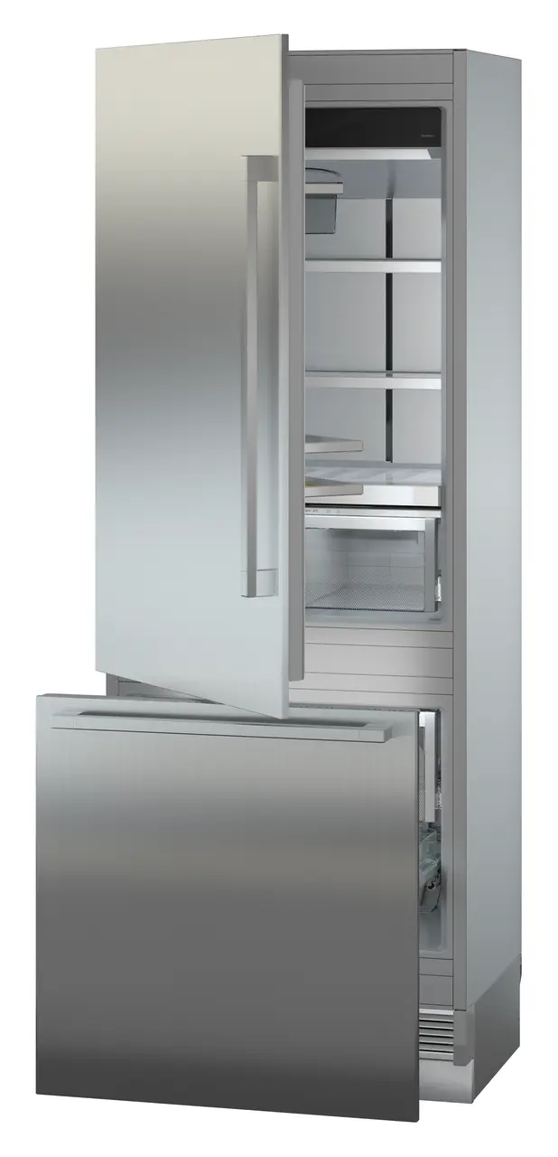 Product image, Perspective: oblique half-open empty, Combined refrigerator-freezer with BioFresh and NoFrost for integrated use