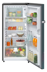 Product image, Perspective: straight open decorated, Single-door fridge 191 l in 4 star with inverter compressor, Casing colour: grey, Door colour: Teal Strings