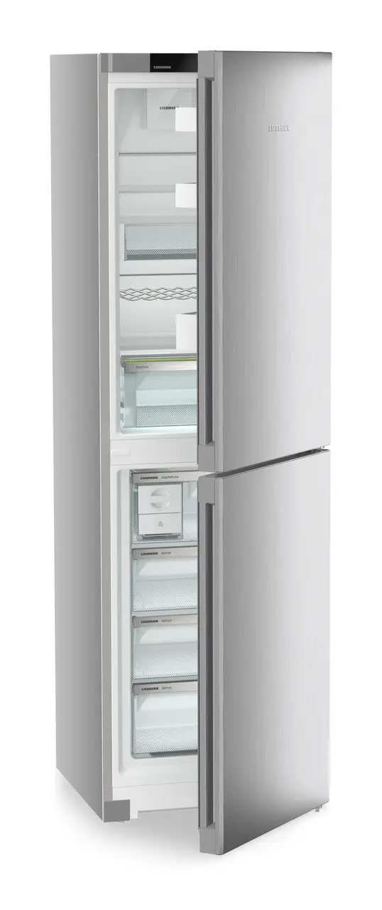 Produkt-Bild, Perspektive: schräg halb offen leer, Kühl-Gefrierkombination mit EasyFresh und NoFrost, Gehäusefarbe: Silver, Türfarbe: Steelfinish