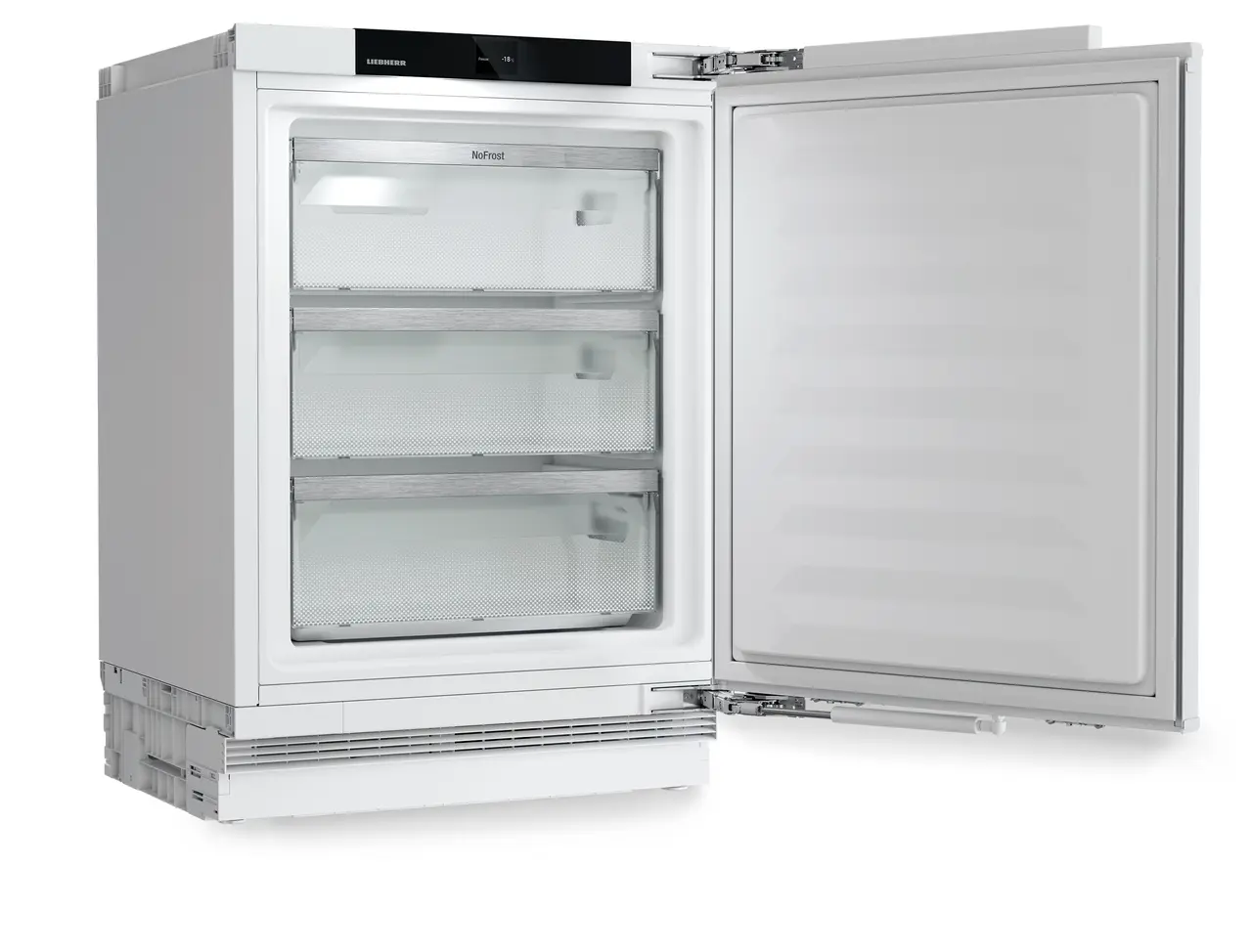 Produkt-Bild, Perspektive: schräg offen leer, Unterbaufähiger Gefrierschrank mit NoFrost