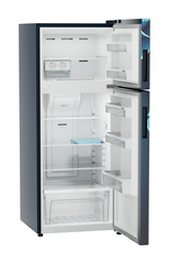 Product image, Perspective: oblique open empty, Fridge-freezer with NoFrost, Casing colour: blue, Door colour: Blue Divine