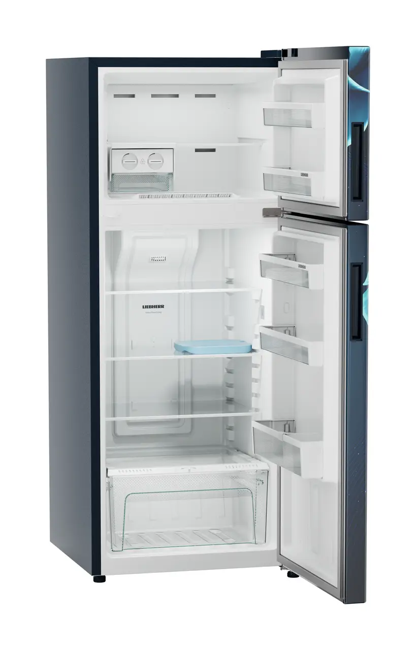 Product image, Perspective: oblique open empty, Fridge-freezer with NoFrost, Casing colour: blue, Door colour: Blue Divine