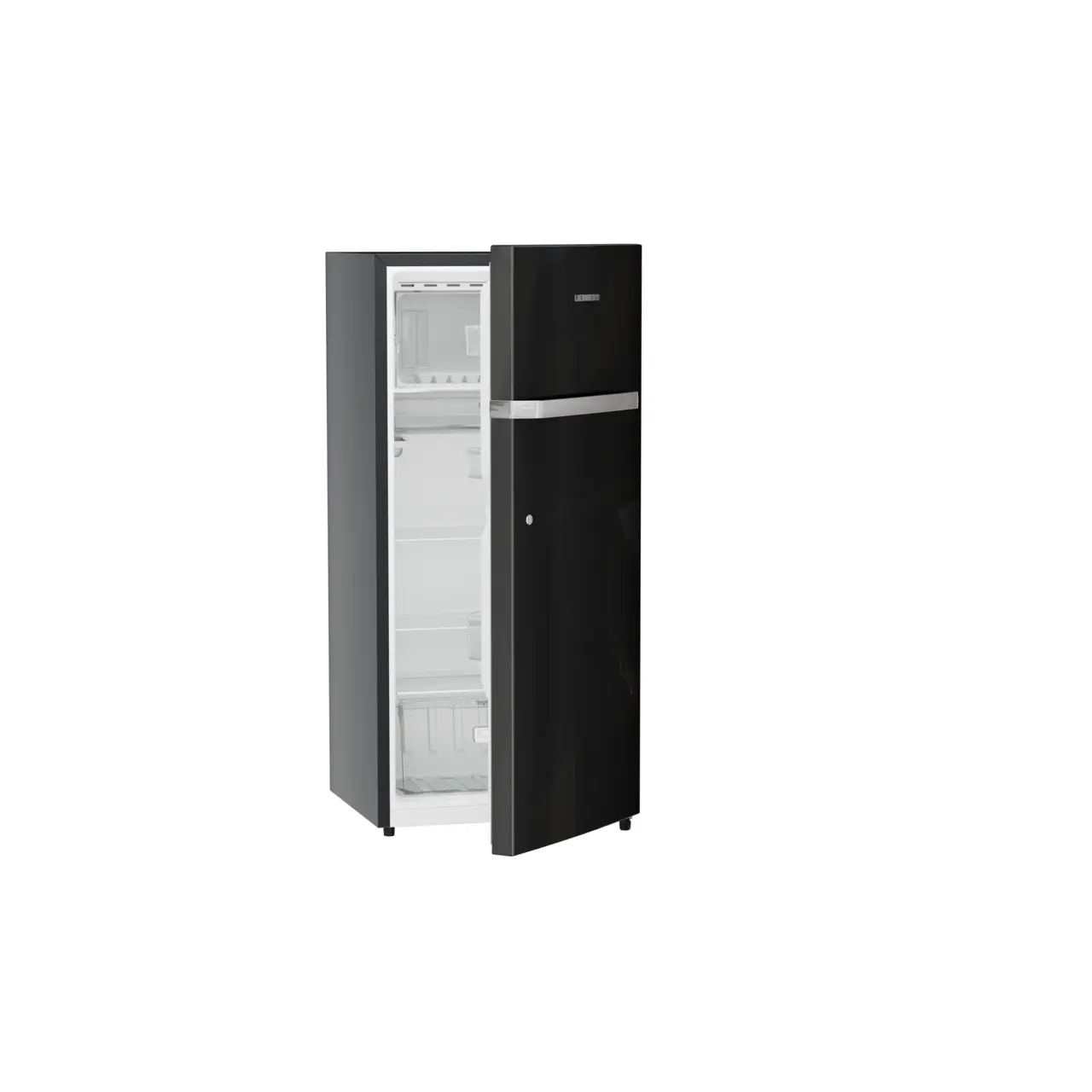 Product image, Perspective: oblique half-open empty, Single-door refrigerator 202 l in 3 star and horizontal handle, Casing colour: grey, Door colour: Black Gloss