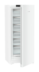 Produkt-Bild, Perspektive: schräg halb offen leer, Standgefrierschrank mit NoFrost, Gehäusefarbe: Weiß, Türfarbe: Weiß