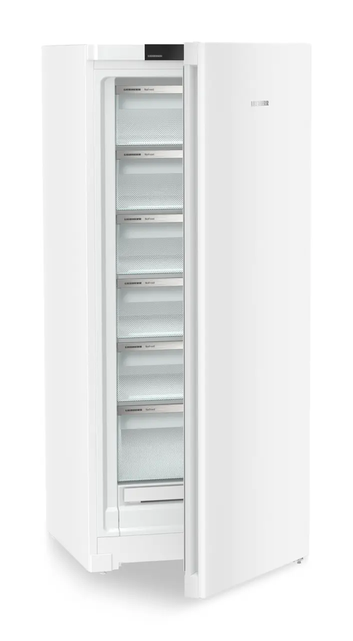 Produkt-Bild, Perspektive: schräg halb offen leer, Standgefrierschrank mit NoFrost, Gehäusefarbe: Weiß, Türfarbe: Weiß
