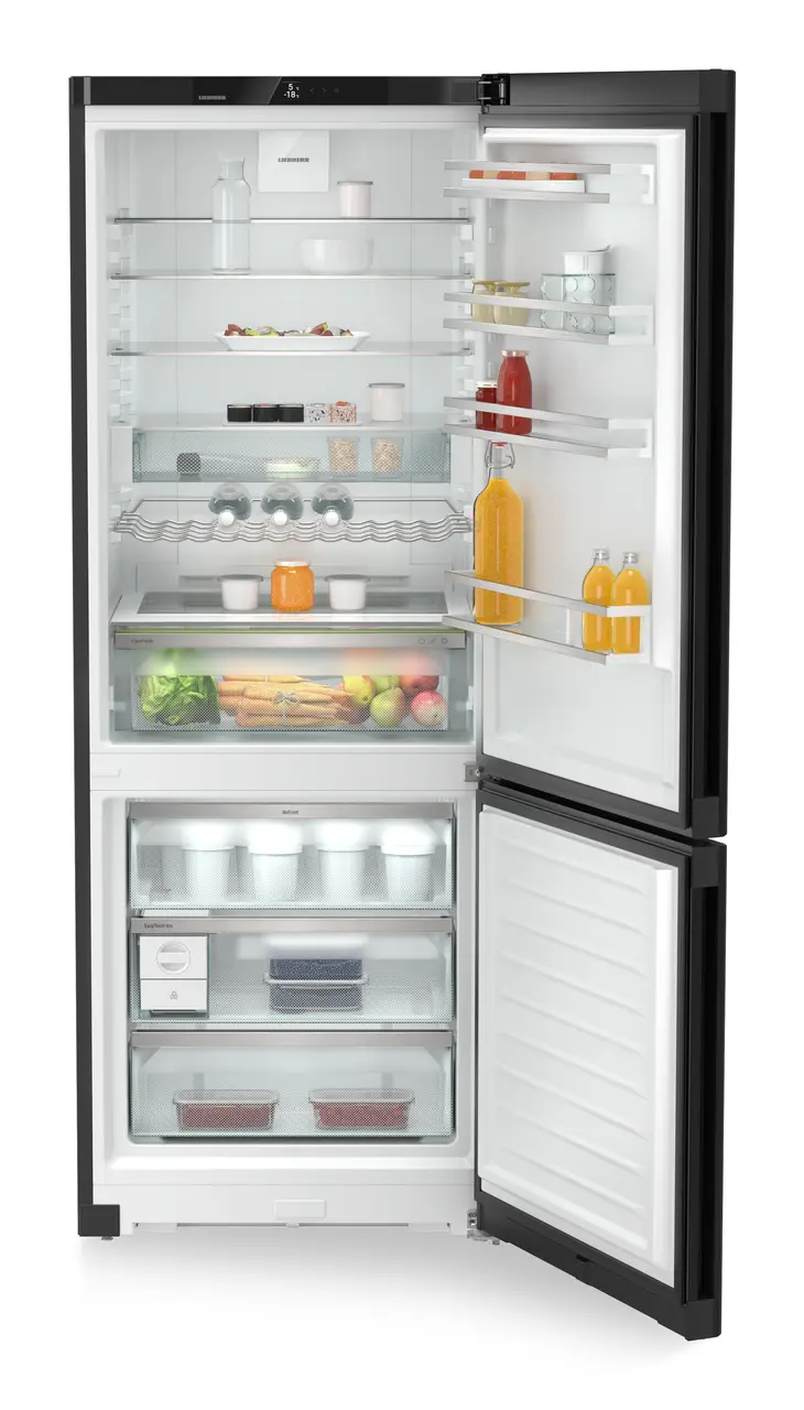 Изображение продукции, Перспектива: Прямо, с открытой дверцей, с продуктами, Комбинированный холодильник-морозильник с EasyFresh и NoFrost, Цвет корпуса: черный