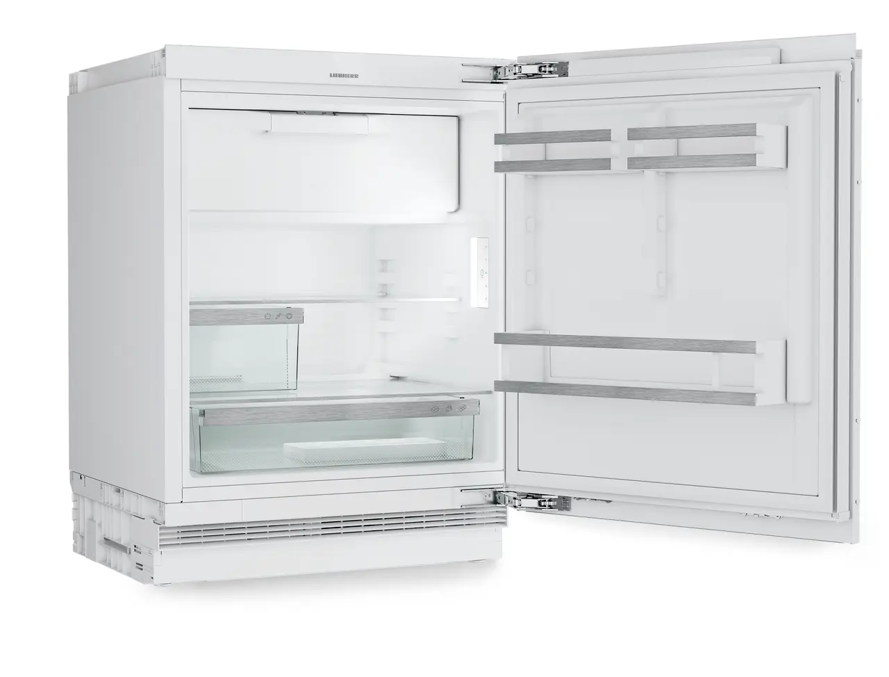 Produkt-Bild, Perspektive: schräg offen leer, Dekorfähiger Unterbaukühlschrank