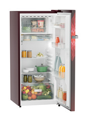 Product image, Perspective: oblique open decorated, Single-door refrigerator 202 l in 5 star with inverter compressor, Casing colour: red, Door colour: Red Mystiq