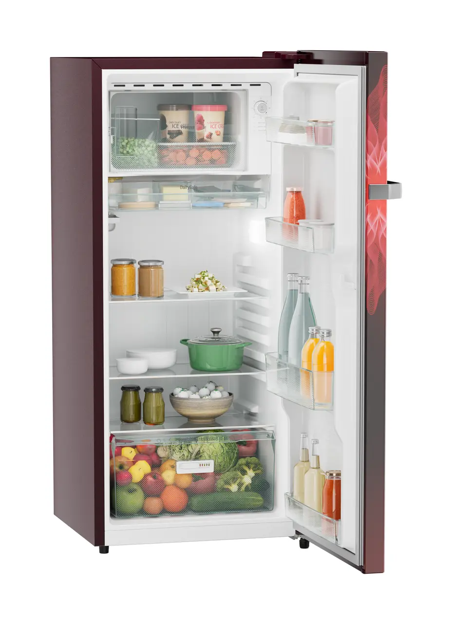 Product image, Perspective: oblique open decorated, Single-door refrigerator 202 l in 5 star with inverter compressor, Casing colour: red, Door colour: Red Mystiq
