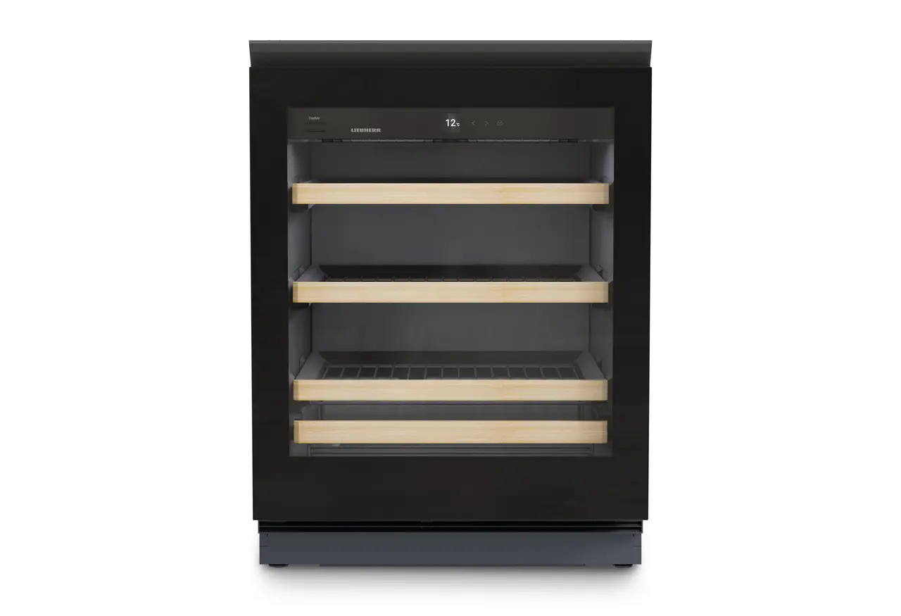 Изображение продукции, Перспектива: Прямо, с закрытой дверцей, без продуктов, Винный холодильник подходит для установки под столешницей для темперирования вина., Цвет корпуса: Антрацит