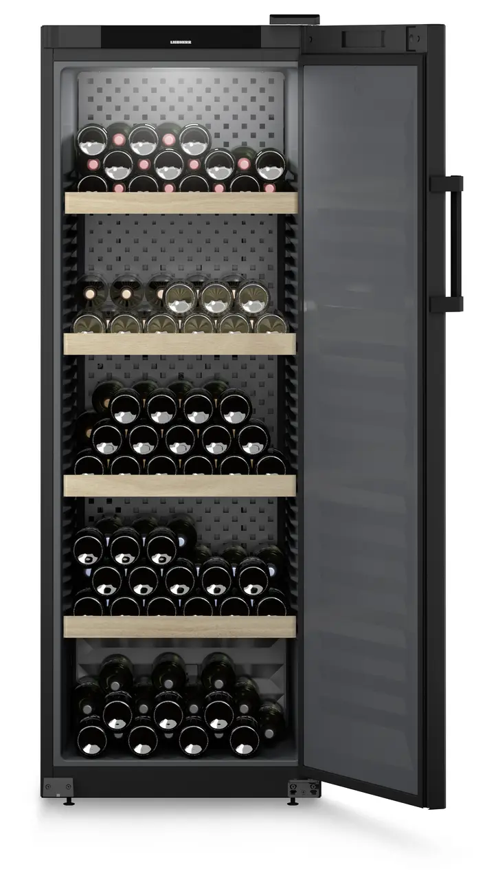 Product image, Perspective: straight open decorated, Wine storage cabinet, Casing colour: black, Door colour: black