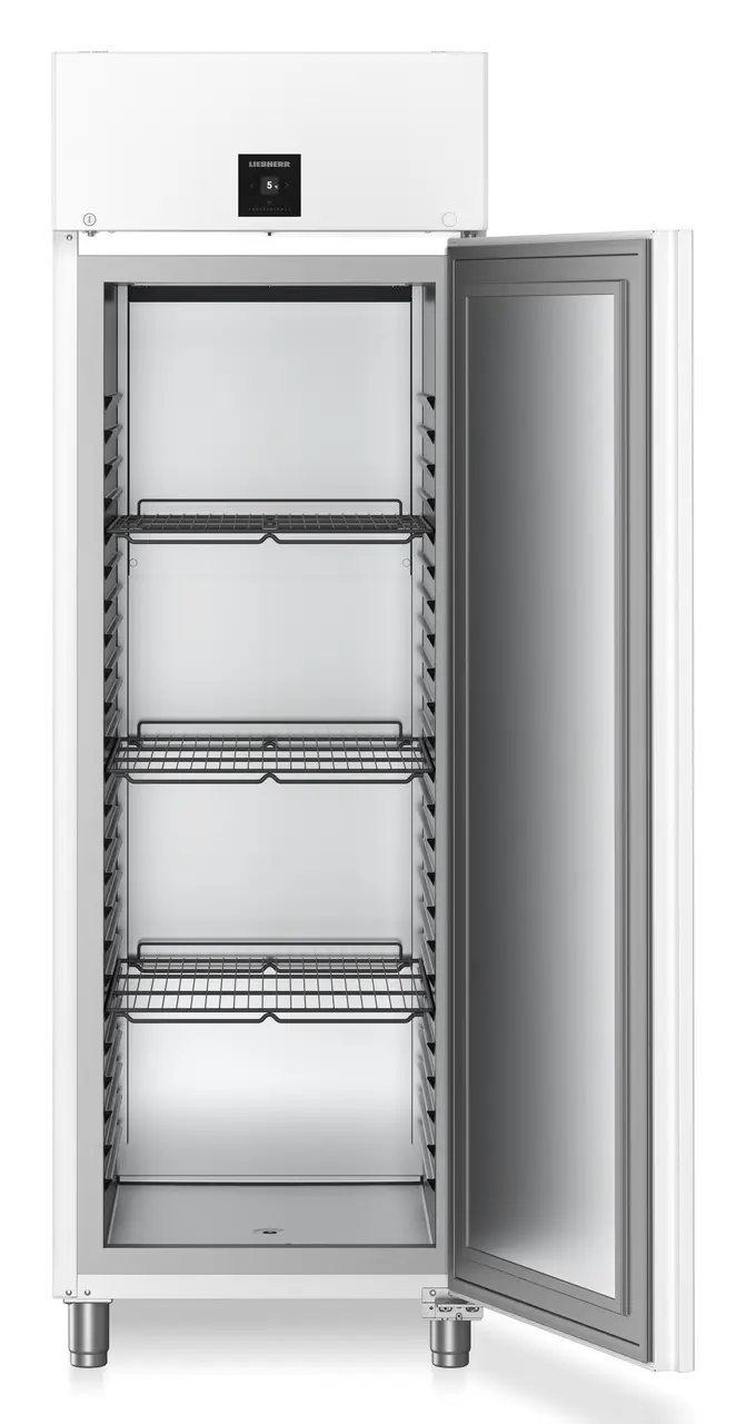 Produkt-Bild, Perspektive: gerade offen leer, Kühlgerät GN 2/1 mit Umluftkühlung, Gehäusefarbe: Weiß, Türfarbe: Weiß