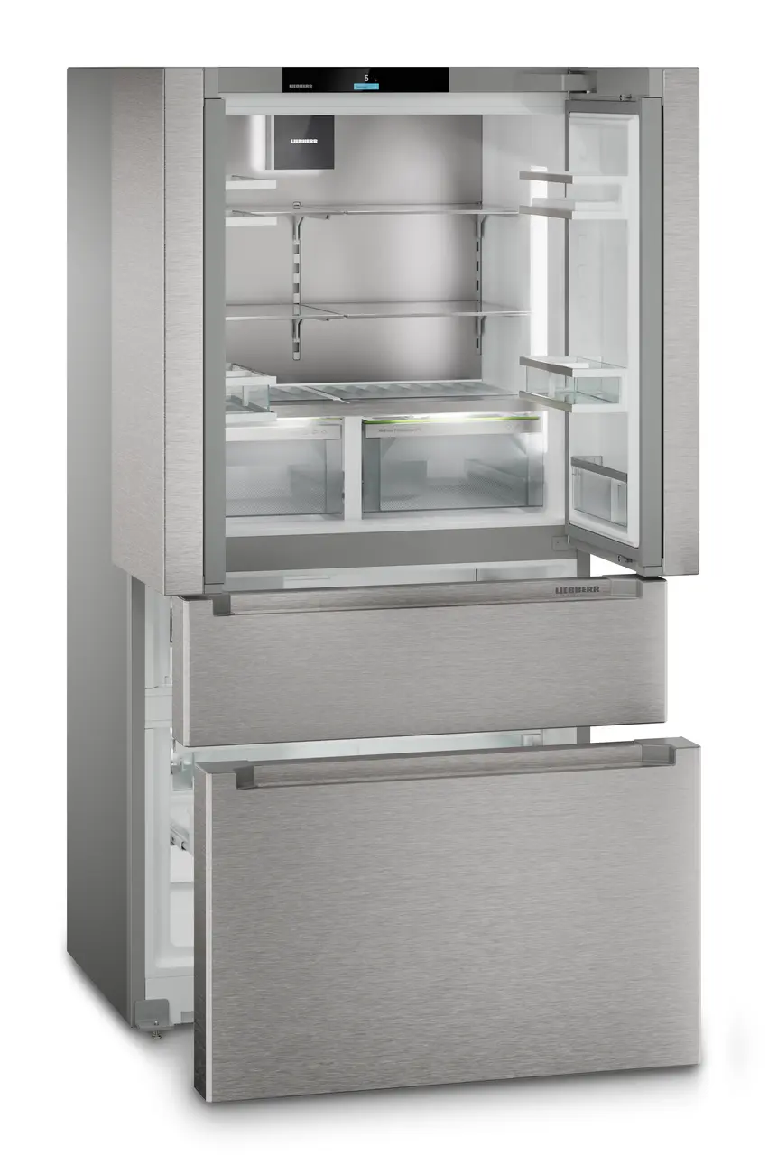 Produkt-Bild, Perspektive: schräg offen leer, French-Door-Kühl-Gefrierkombination mit 2 Gefrierschubladen und IceMaker und InfinitySpring, Gehäusefarbe: Silver, Türfarbe: Edelstahl