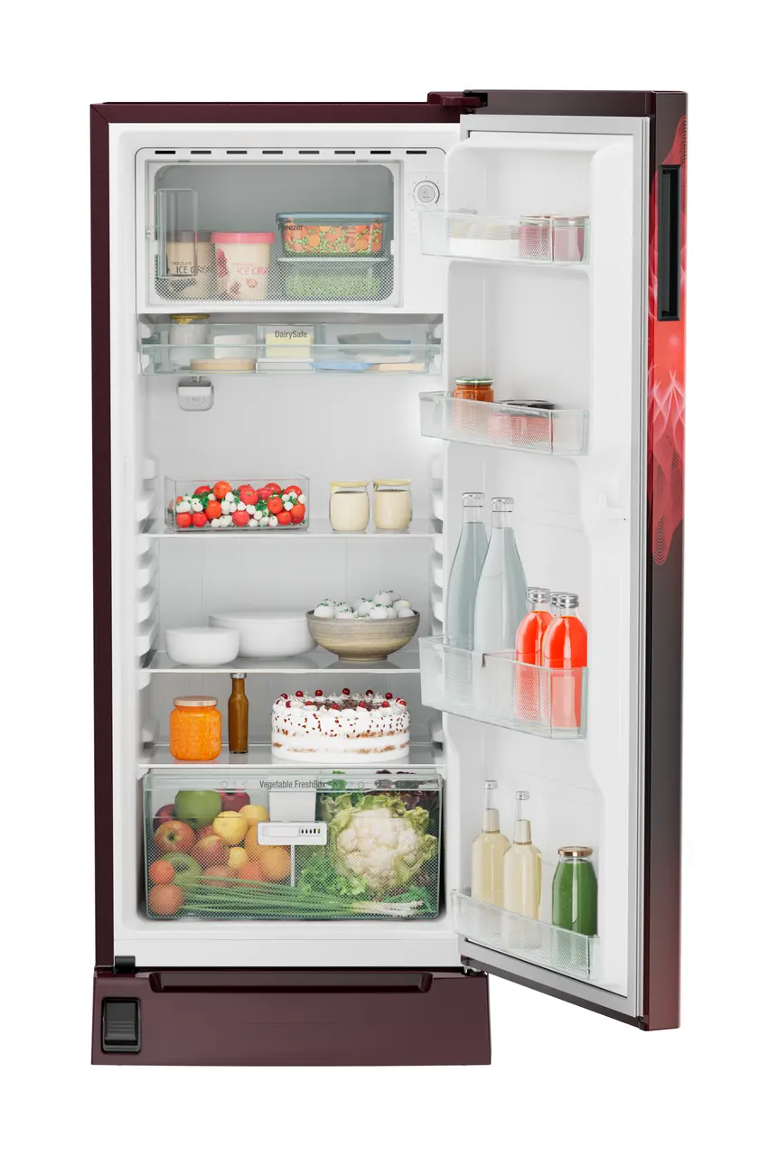 Product image, Perspective: straight open decorated, Single-door refrigerator 202 l in 3 star with foot pedal base drawer, Casing colour: red, Door colour: Red Mystiq