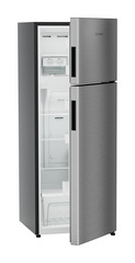 Product image, Perspective: oblique half-open empty, Fridge-freezer with NoFrost, Casing colour: grey, Door colour: Silver Steel