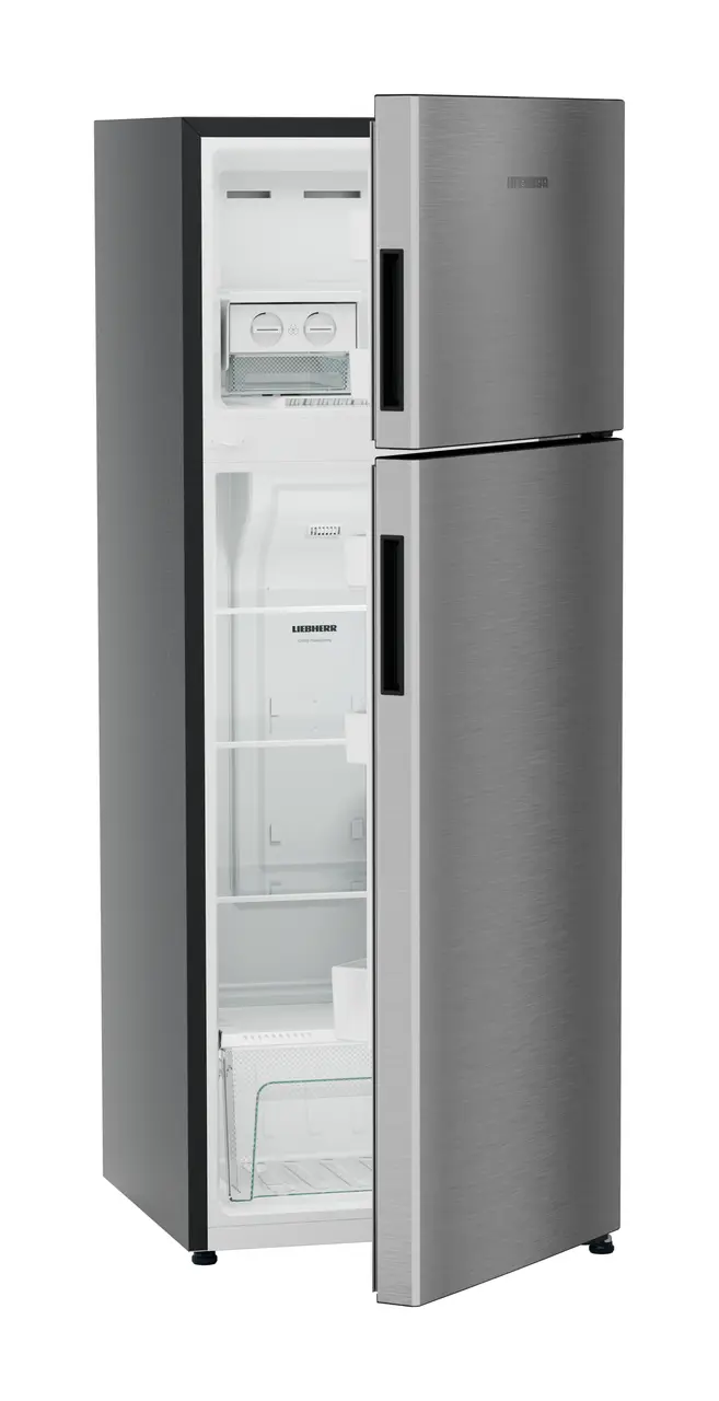 Product image, Perspective: oblique half-open empty, Fridge-freezer with NoFrost, Casing colour: grey, Door colour: Silver Steel