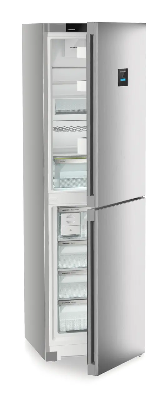 Product image, Perspective: oblique half-open empty, Combined fridge-freezers with EasyFresh and NoFrost, Casing colour: silver, Door colour: Steelfinish