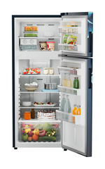 Product image, Perspective: straight open decorated, Fridge-freezer with NoFrost, Casing colour: blue, Door colour: Blue Divine