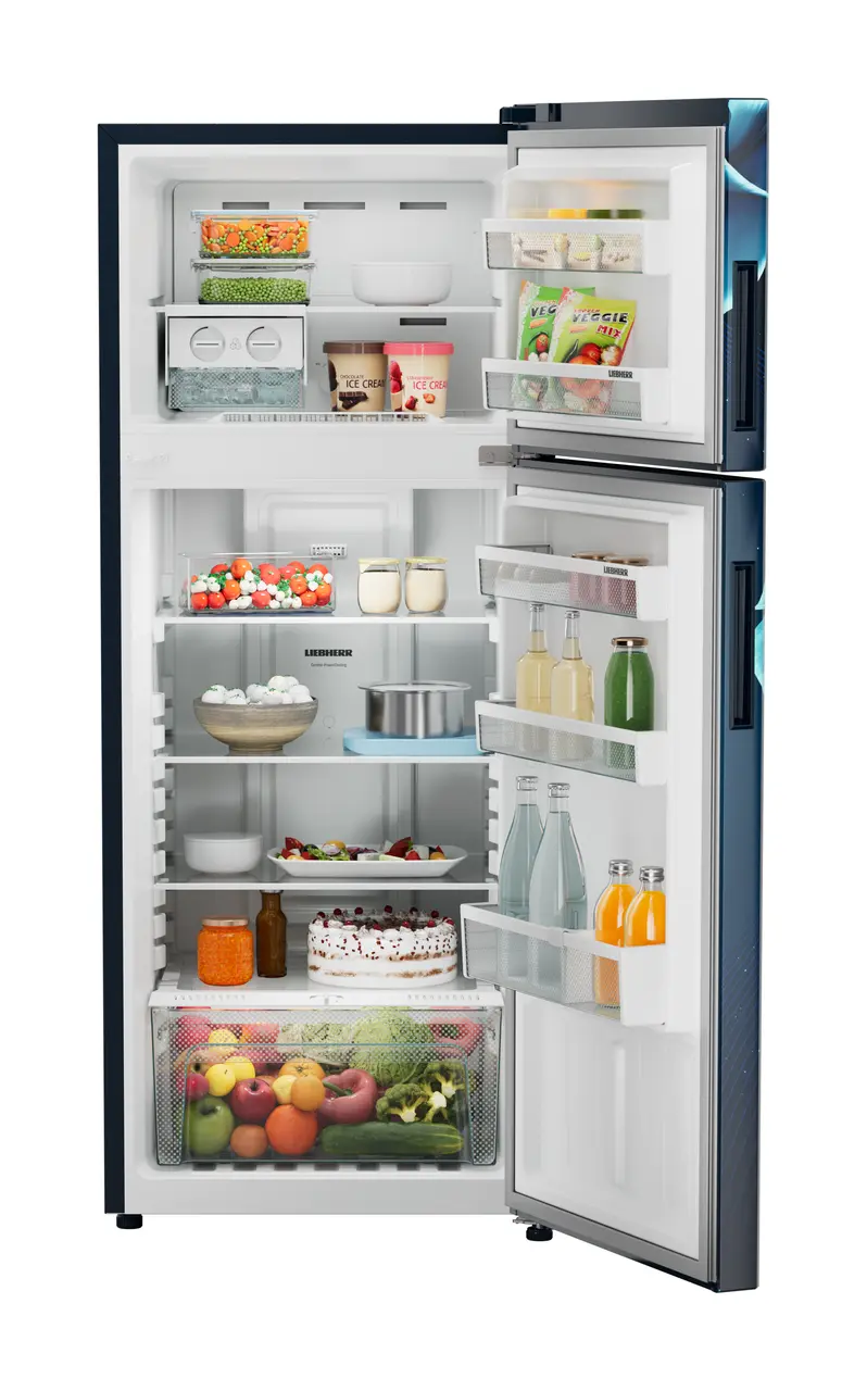 Product image, Perspective: straight open decorated, Fridge-freezer with NoFrost, Casing colour: blue, Door colour: Blue Divine