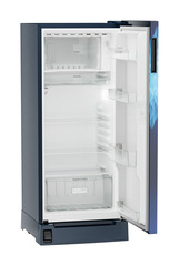 Product image, Perspective: oblique open empty, Single-door fridge 186 l in 3 star with foot pedal base drawer, Casing colour: blue, Door colour: Blue Mystiq