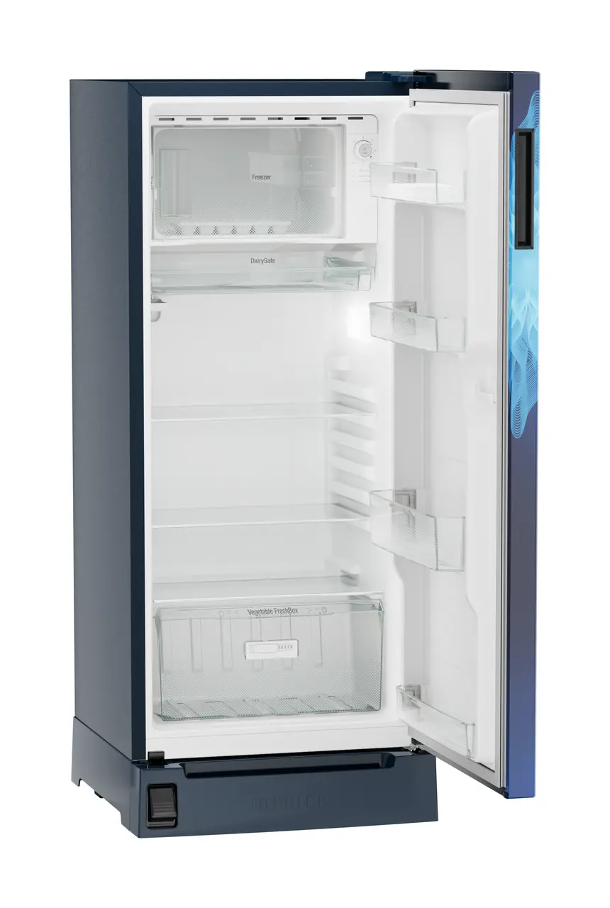 Product image, Perspective: oblique open empty, Single-door refrigerator 202 l in 5 star with inverter compressor, Casing colour: blue, Door colour: Blue Mystiq