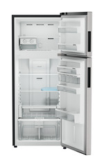 Product image, Perspective: straight open empty, Fridge-freezer with NoFrost, Casing colour: grey, Door colour: Stainless Steel