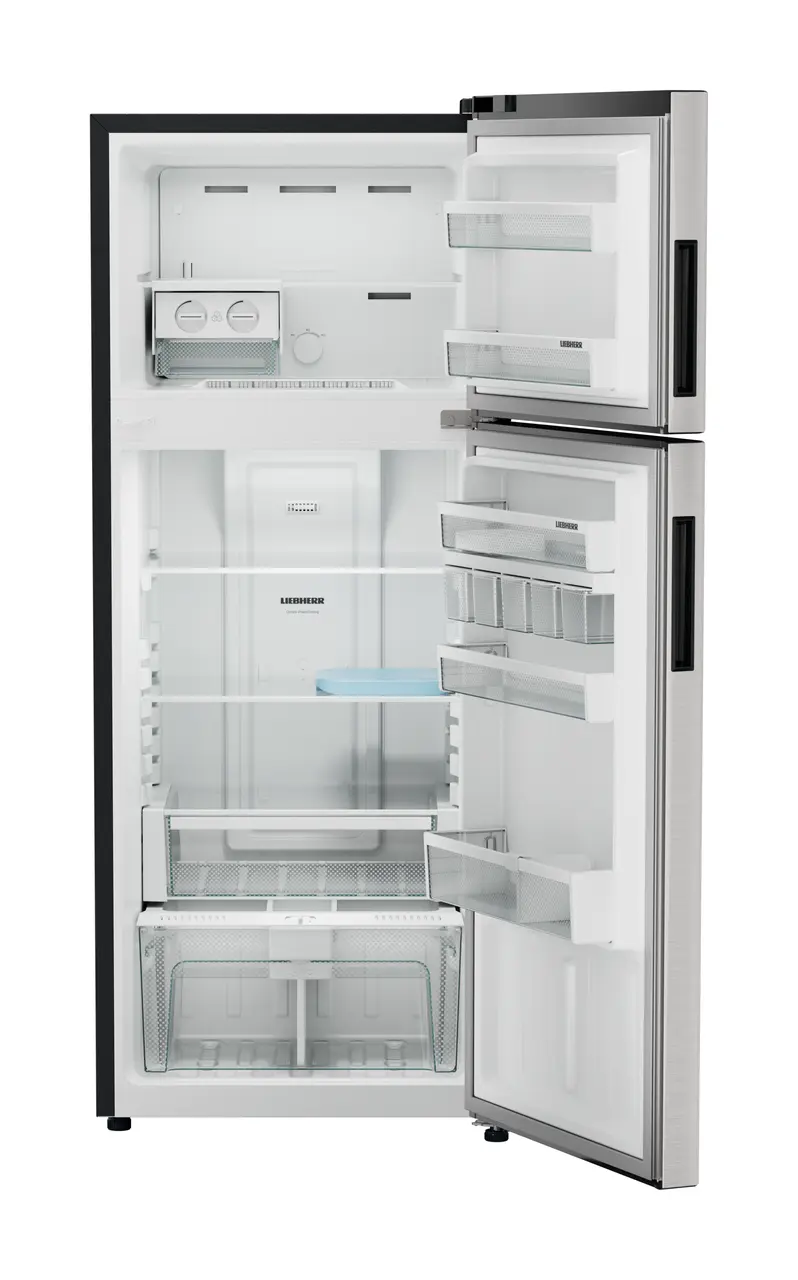 Product image, Perspective: straight open empty, Fridge-freezer with NoFrost, Casing colour: grey, Door colour: Stainless Steel