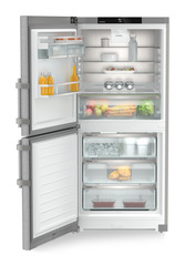 Product image, Perspective: straight open decorated, Combined fridge-freezers with EasyFresh and NoFrost, Casing colour: silver, Door colour: stainless steel