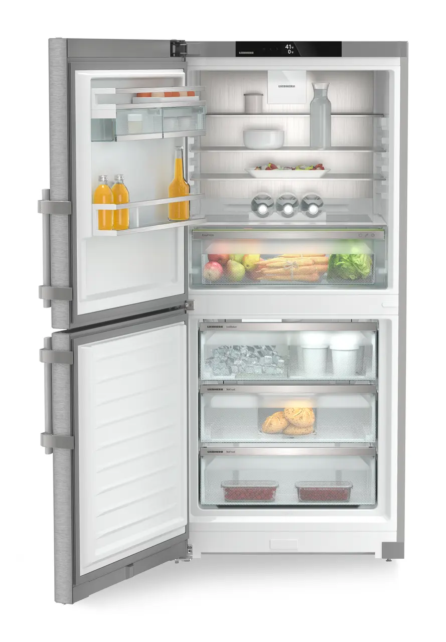 Product image, Perspective: straight open decorated, Combined fridge-freezers with EasyFresh and NoFrost, Casing colour: silver, Door colour: stainless steel