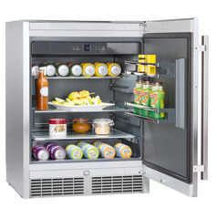 Product image, Perspective: oblique open decorated, Outdoor fridge, Casing colour: grey, Door colour: stainless steel