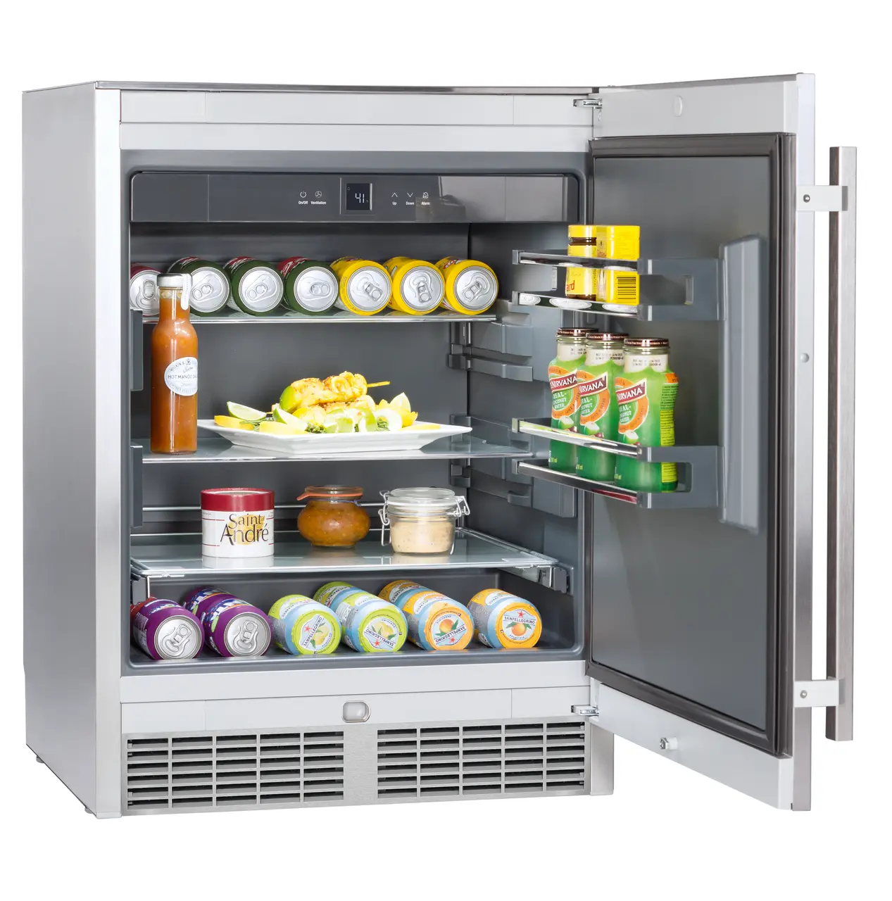 Product image, Perspective: oblique open decorated, Outdoor fridge, Casing colour: grey, Door colour: stainless steel
