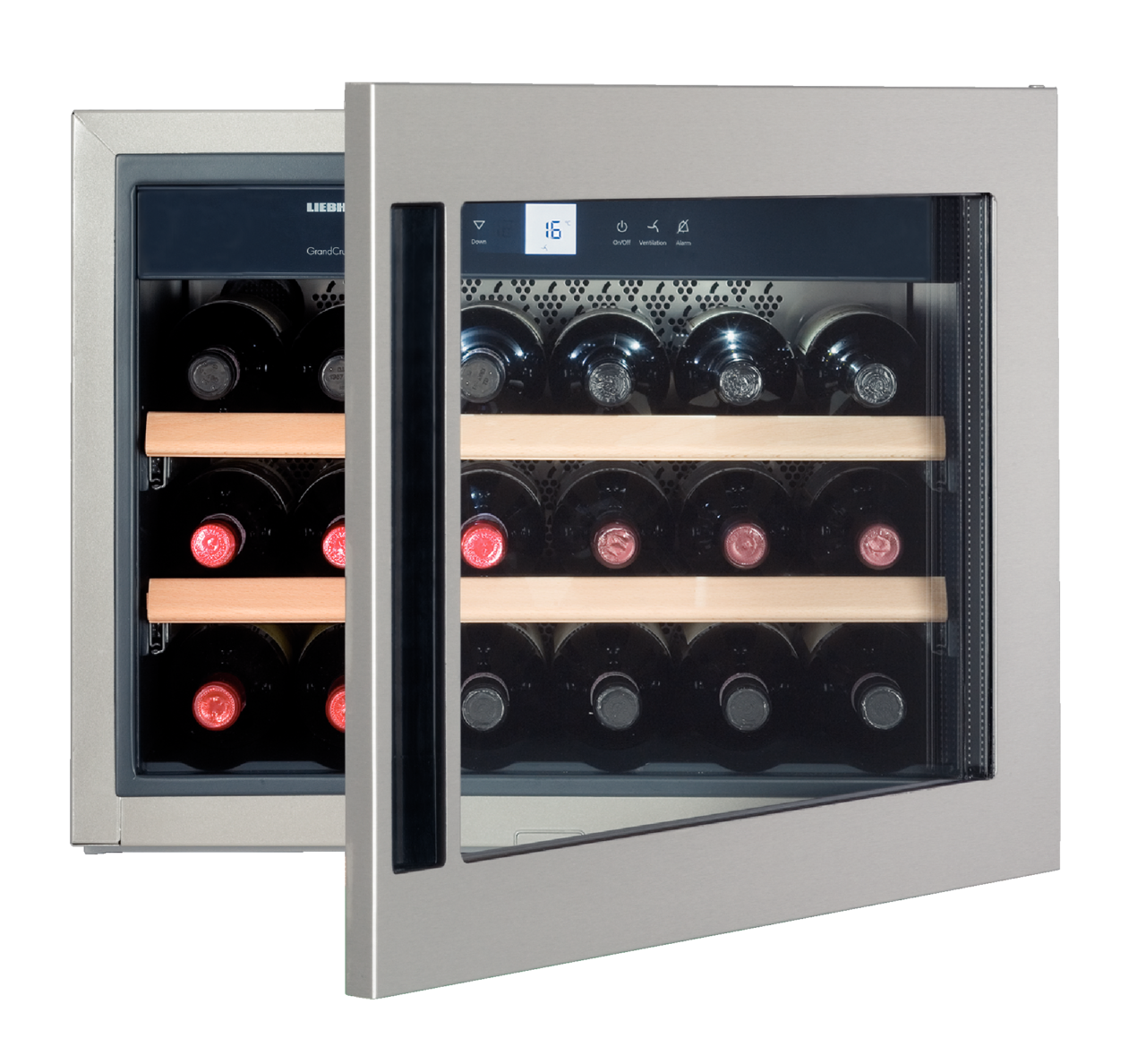 Product image, Perspective: straight half-open decorated, Built-in wine storage cabinet, Casing colour: silver, Door colour: stainless steel