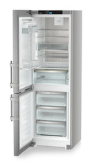 Product image, Perspective: oblique open empty, Combined fridge-freezers with EasyFresh and NoFrost, Casing colour: silver, Door colour: stainless steel