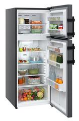 Product image, Perspective: oblique open decorated, Fridge-freezer with NoFrost, Casing colour: grey, Door colour: BlackSteel
