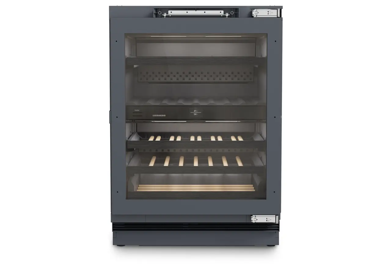 Product image, Perspective: straight closed empty, Wine fridge suitable for undercounter installation for wine tempering, Casing colour: Anthracite, Door colour: Anthracite