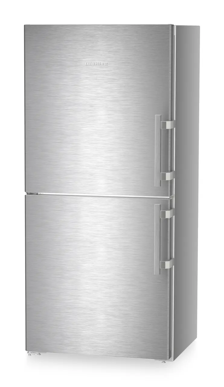 Product image, Perspective: oblique closed, Combined fridge-freezers with EasyFresh and NoFrost, Casing colour: silver, Door colour: stainless steel