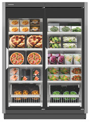 Produkt-Bild, Perspektive: gerade geschlossen dekoriert, Supermarkt-Gefrierschrank, Gehäusefarbe: Grau