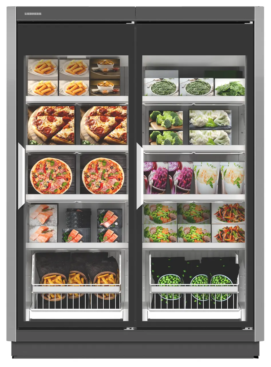 Produkt-Bild, Perspektive: gerade geschlossen dekoriert, Supermarkt-Gefrierschrank, Gehäusefarbe: Grau