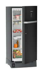 Product image, Perspective: oblique half-open decorated, Single-door refrigerator 191 l with foot pedal base drawer and iCoolTouch UI, Casing colour: grey, Door colour: BlackSteel