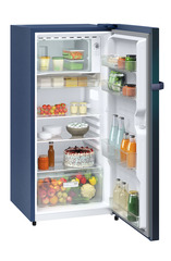 Product image, Perspective: oblique open decorated, Single-door refrigerator 191 l in 2 Star and with horizontal handle, Casing colour: blue, Door colour: Blue Wonder