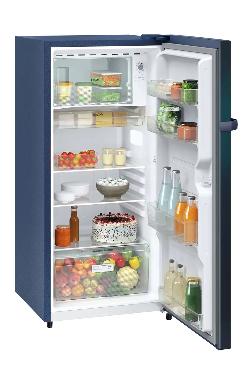 Product image, Perspective: oblique open decorated, Single-door refrigerator 191 l in 2 Star and with horizontal handle, Casing colour: blue, Door colour: Blue Wonder
