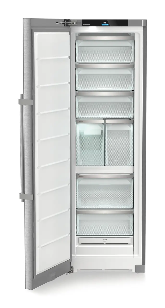 Obrázok produktu, Perspektíva: Spredu, spotrebič otvorený, prázdny, Voľne stojaca mraznička s NoFrost a IceTower, Farba steny: Ušľachtilá oceľ, Farba dverí: Ušľachtilá oceľ