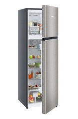 Product image, Perspective: oblique half-open decorated, Fridge-freezer with NoFrost, Casing colour: grey, Door colour: Grey Steel