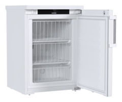 Produkt-Bild, Perspektive: schräg offen leer, Unterbaufähiges Gefriergerät mit statischer Kühlung, Gehäusefarbe: Weiß, Türfarbe: Weiß