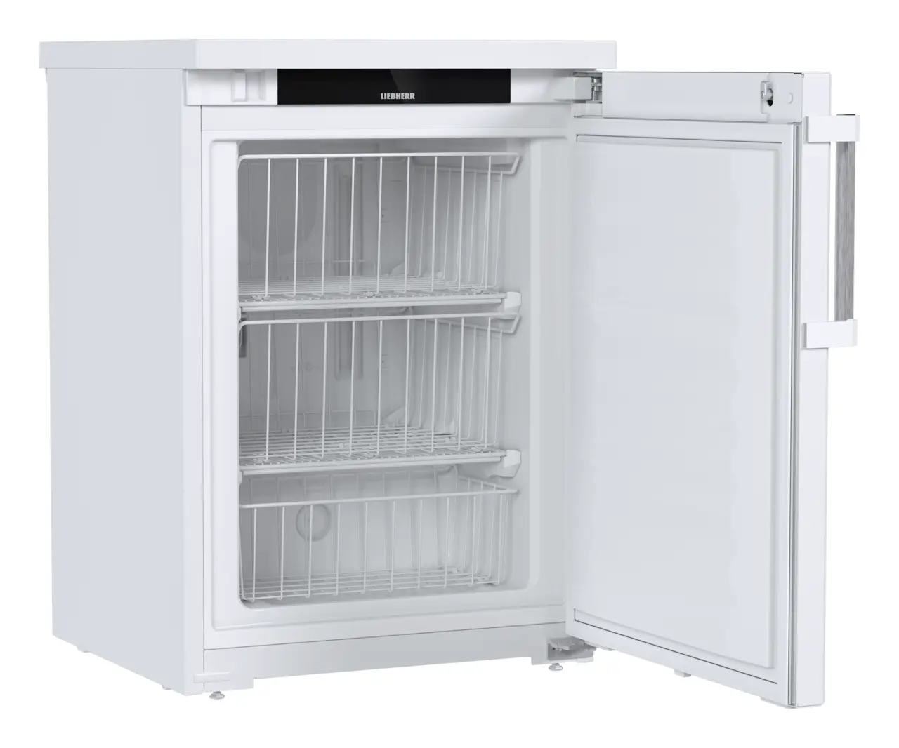 Produkt-Bild, Perspektive: schräg offen leer, Unterbaufähiges Gefriergerät mit statischer Kühlung, Gehäusefarbe: Weiß, Türfarbe: Weiß