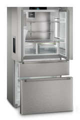 Slika izdelka, Perspektiva: Pod kotom, odprto, prazno, Hladilnik z zamrzovalnikom s francoskimi vrati z 2 zamrzovalnima predaloma in razpršilnikom vode in ledenih kock, Barva ohišja: srebrna, Barva vrat: nerjavno jeklo